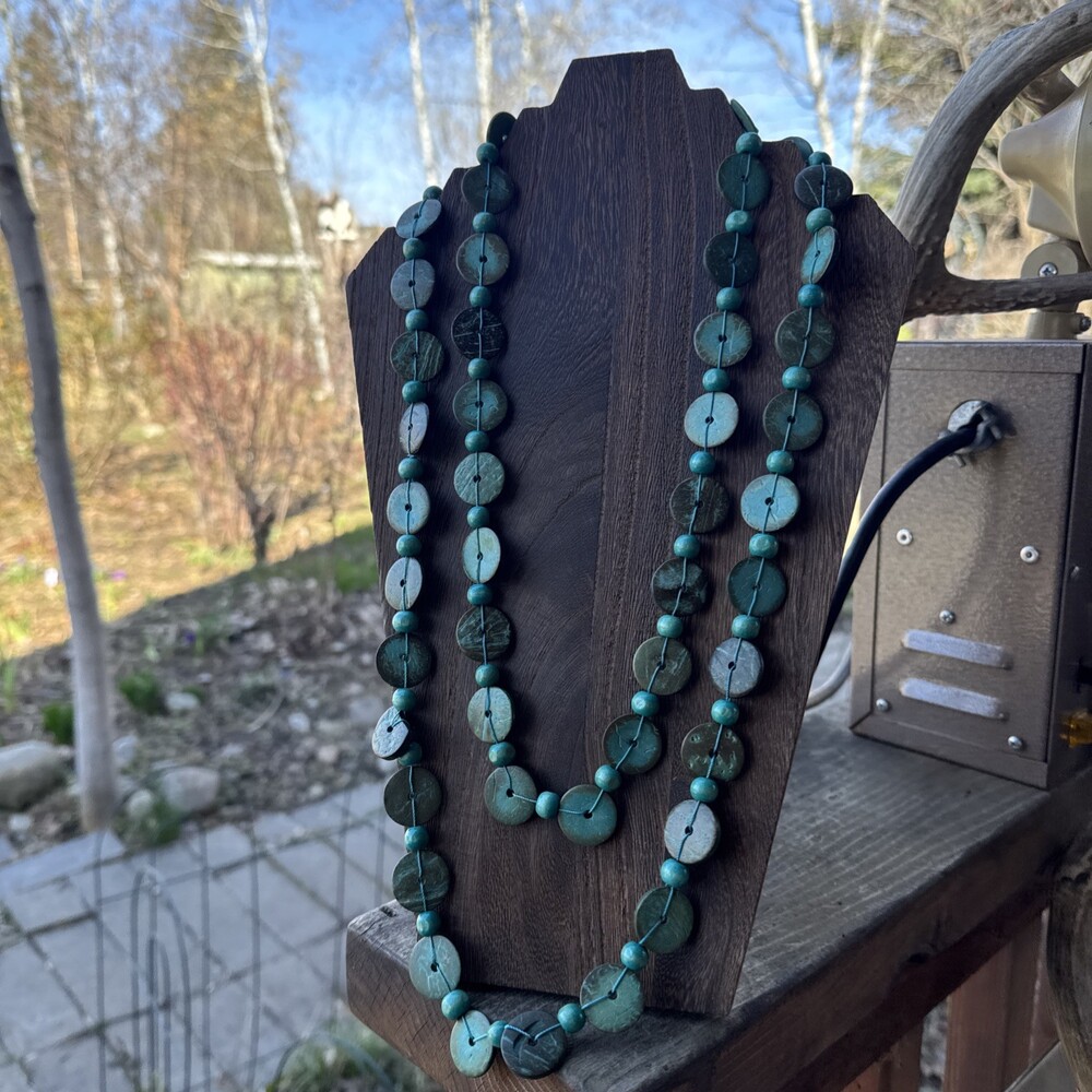 Dyed Coconut Shell Disc Multi Strand Turquoise Necklace Boho Hippie Beach Summer
